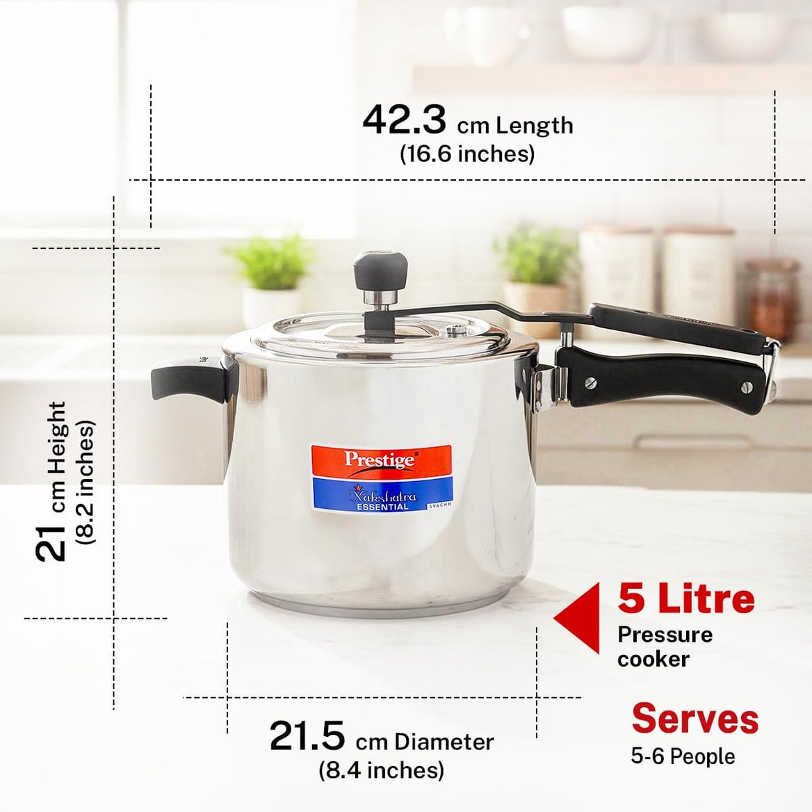 Prestige 5L Essential Svachh Pressure Cooker with Spillage Control Lid Cooker | Triply Induction Bottom | MPN20538