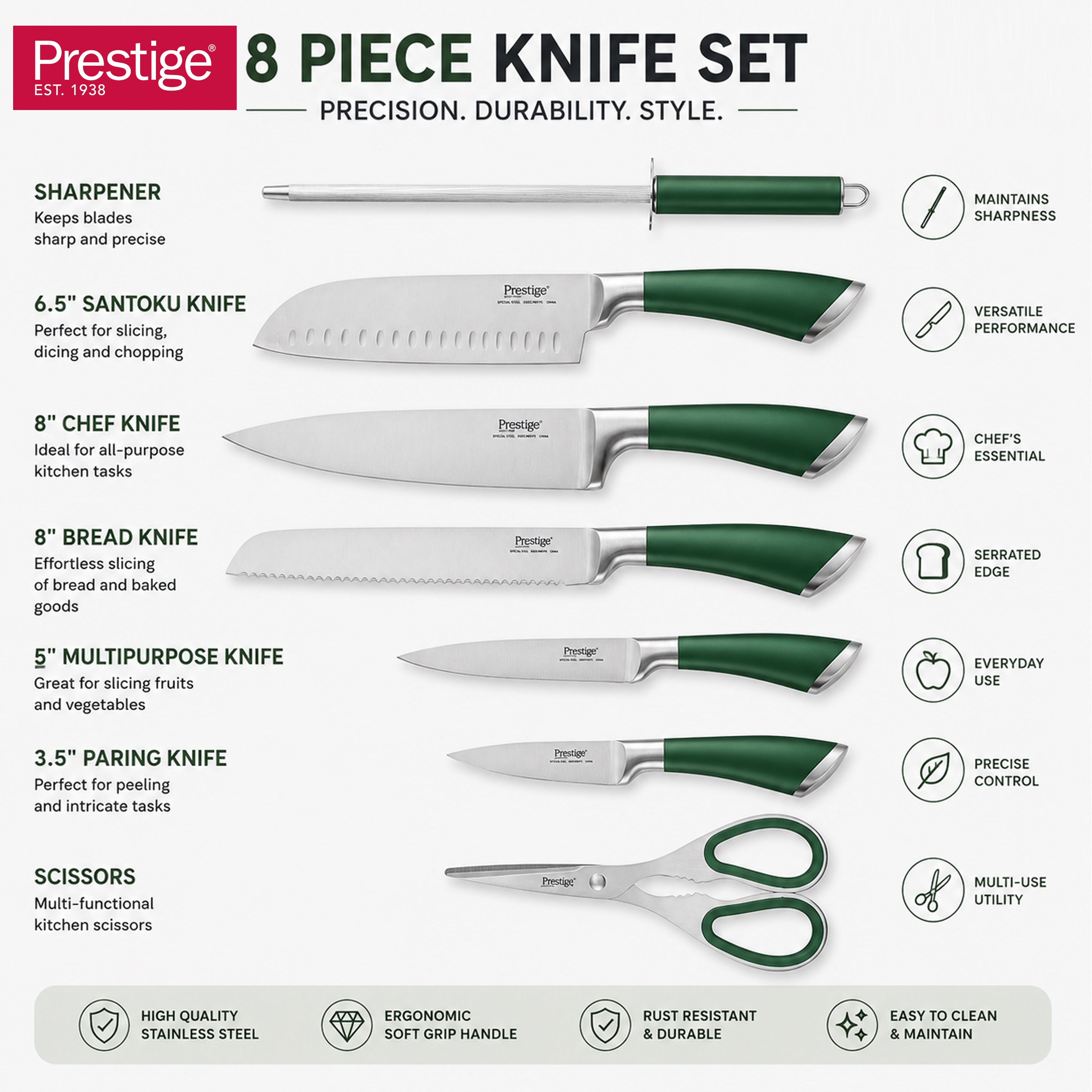 Prestige Kitchen Knife Set with Acrylic Knife Stand | Premium Kitchen Set with Clear Storage Block | Laser-cut Rust-free Stainless Steel Blade | PR50910 - Green