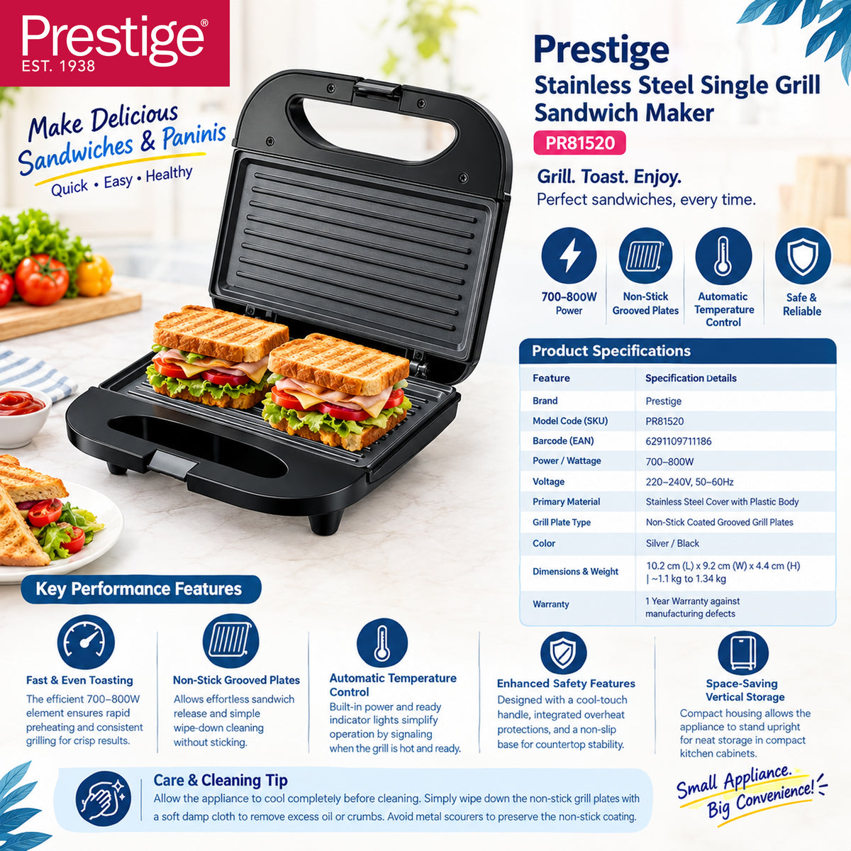 Prestige Stainless Steel Sandwich Maker | PR81520