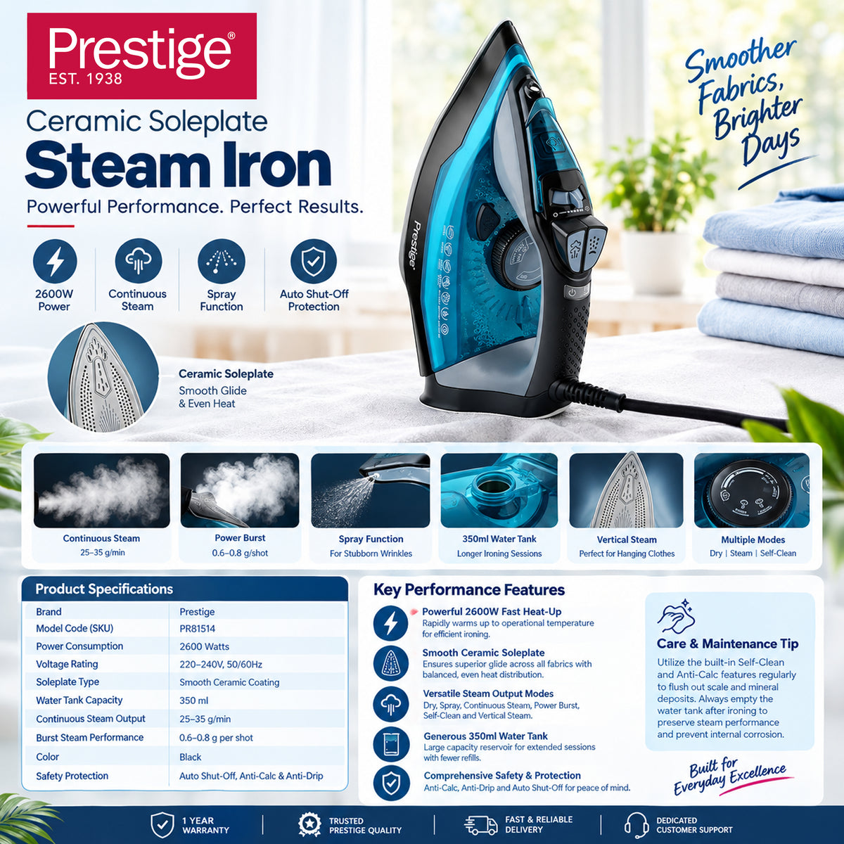 Prestige Steam Iron Ceramic Soleplate - 2600W | PR81510