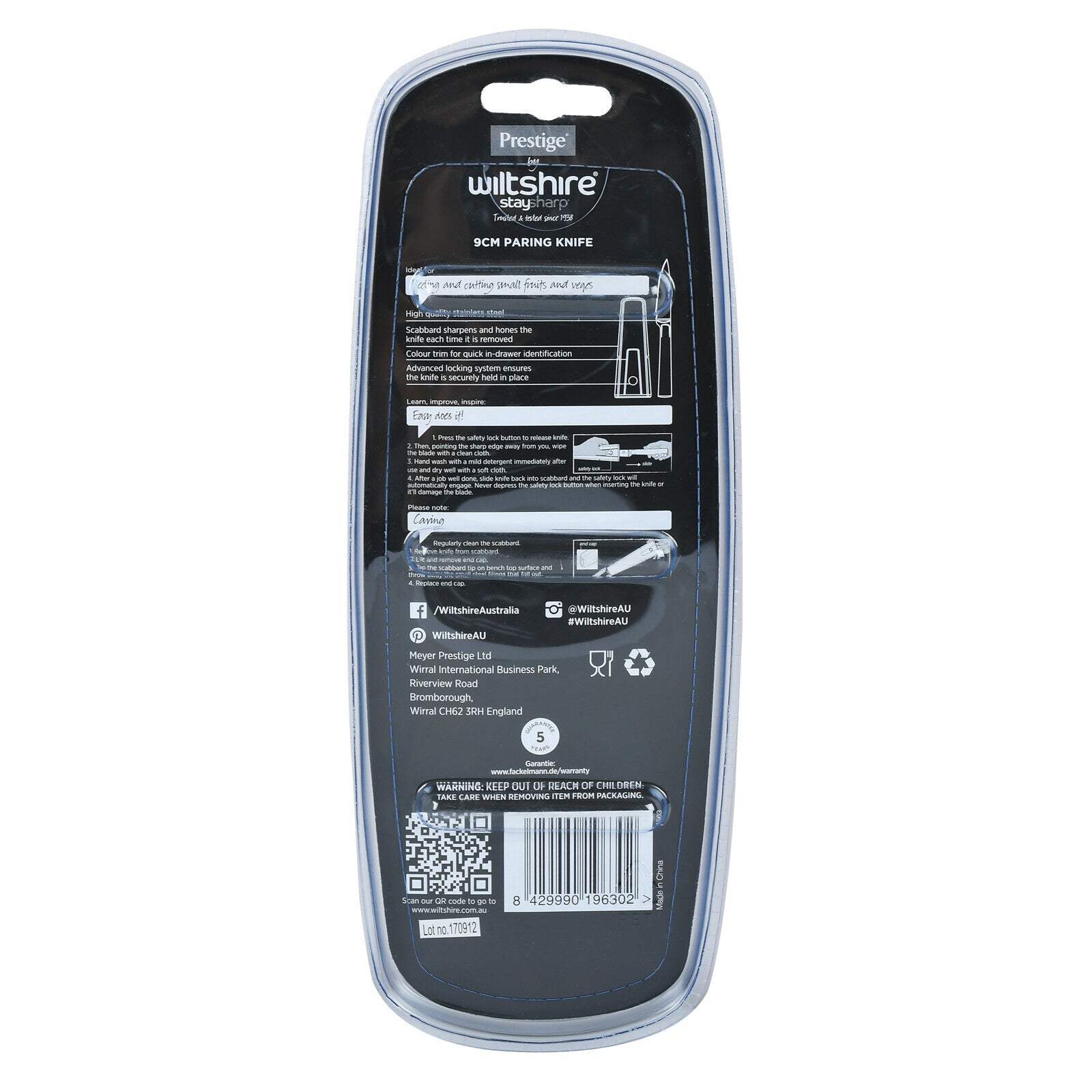 Prestige Staysharp Paring Knife 9cm | Wiltshire Stainless Steel Material Knife with Built-in Sharpner | PR1963