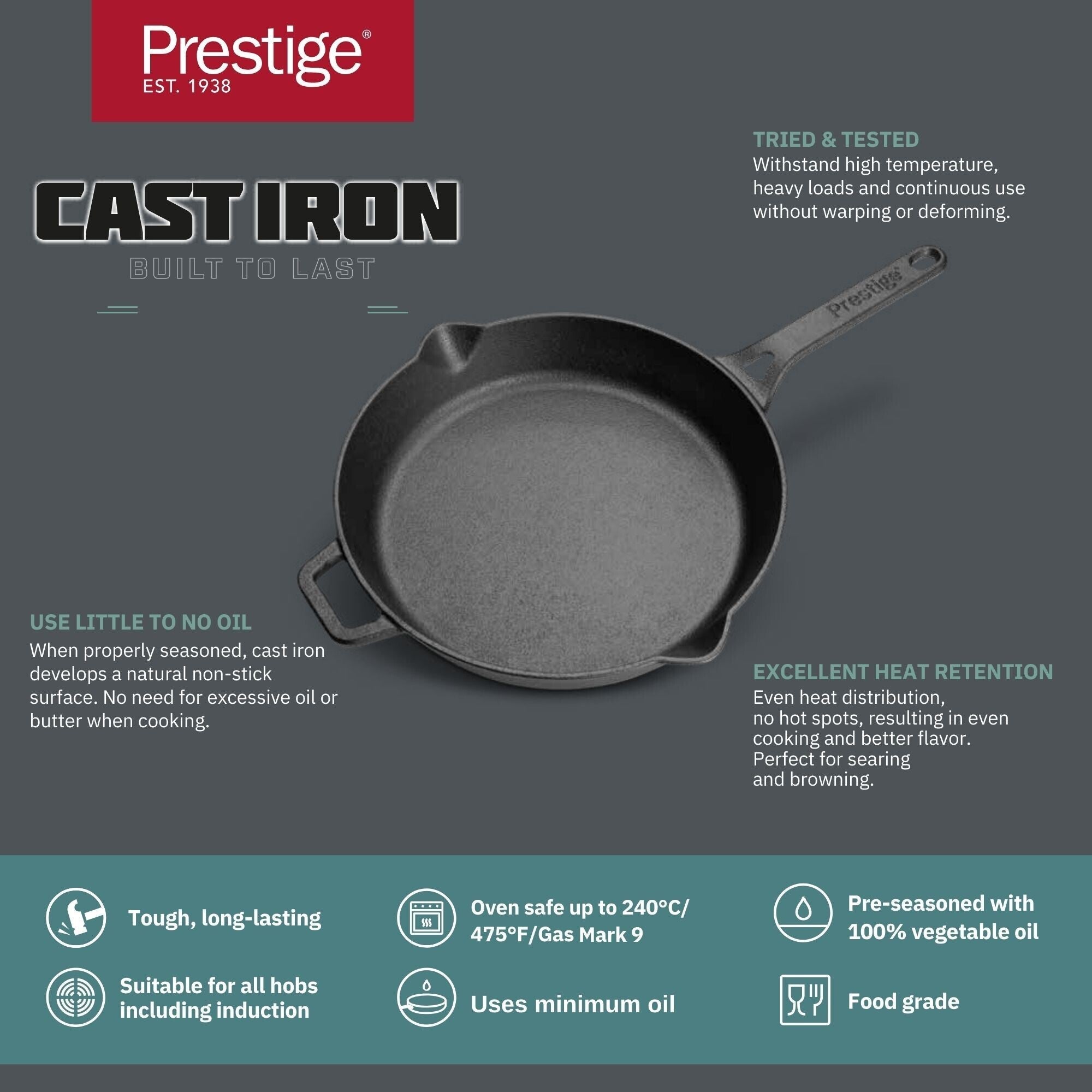 Prestige Cast Iron Pre-Seasoned Fry Pan 26 cm | PR48889