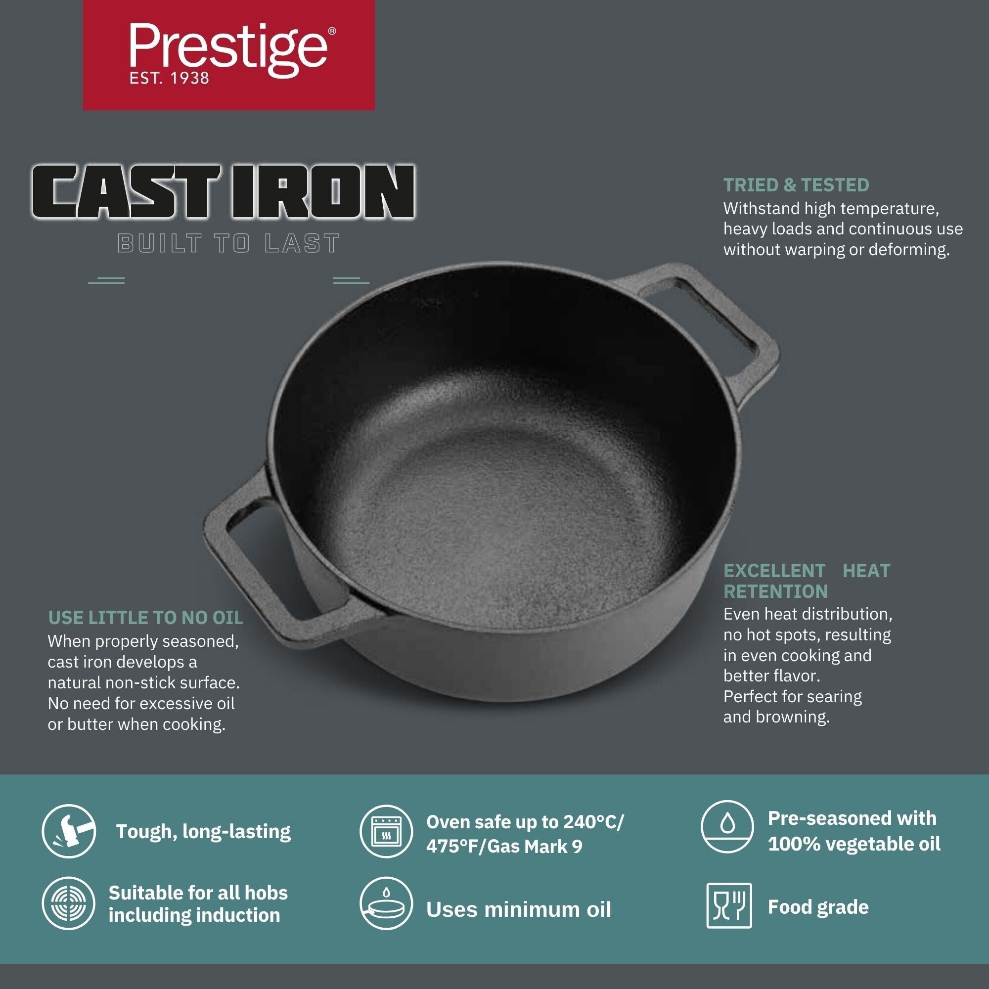 Prestige Cast Iron Pre-Seasoned Casserole 20 CM | PR48896