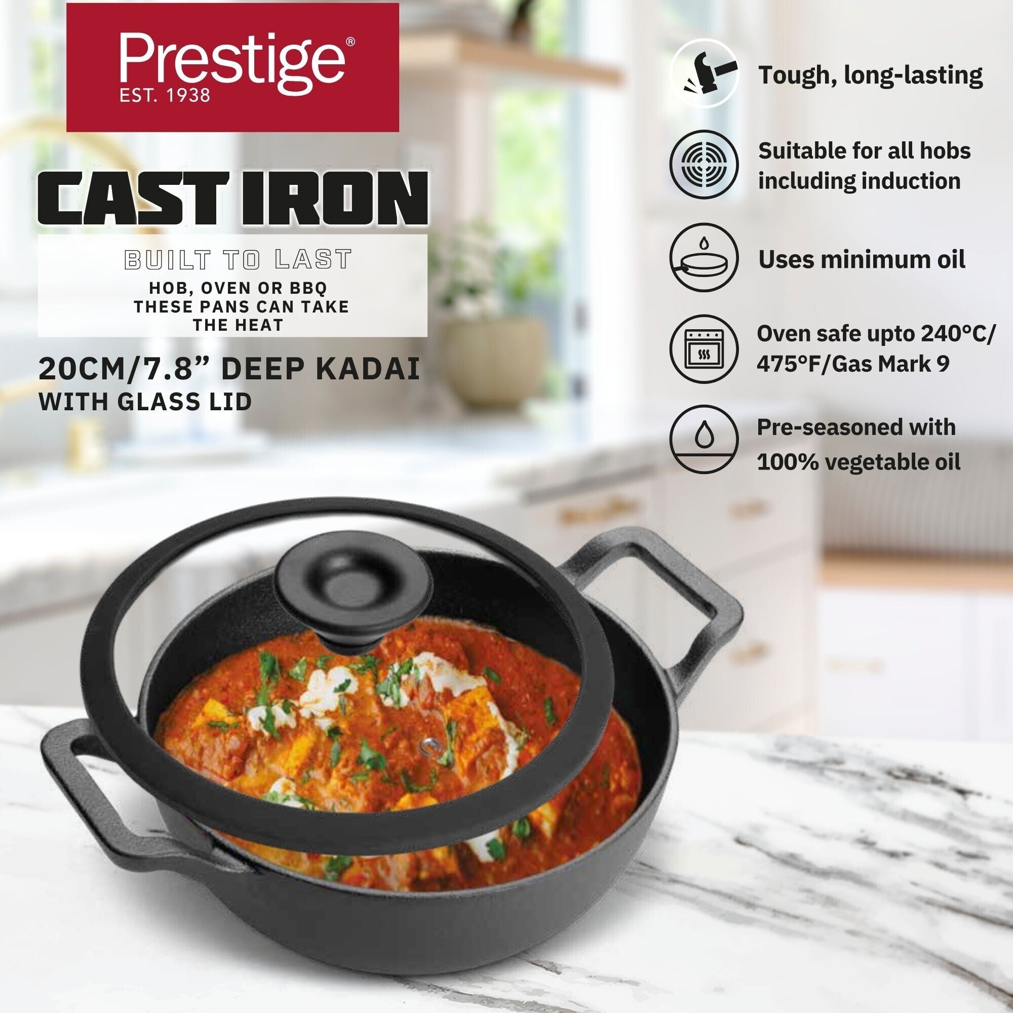 Prestige Cast Iron Pre-Seasoned Kadai 20 CM | PR48894