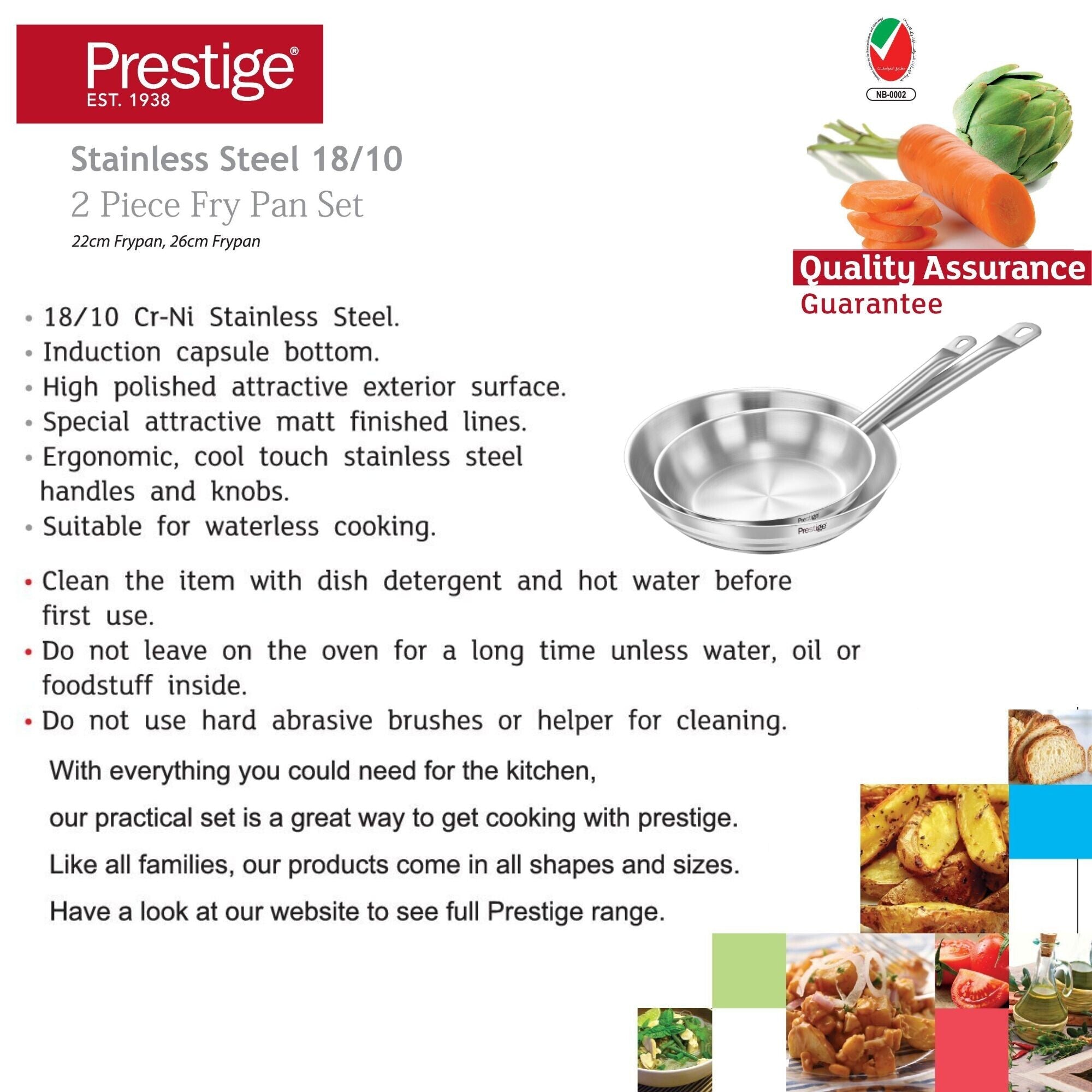 Prestige Stainless Steel 2 Pcs Fry Pan Set | Induction Compatible Frying Pan Set 22cm + 26cm | Silver - PR80982