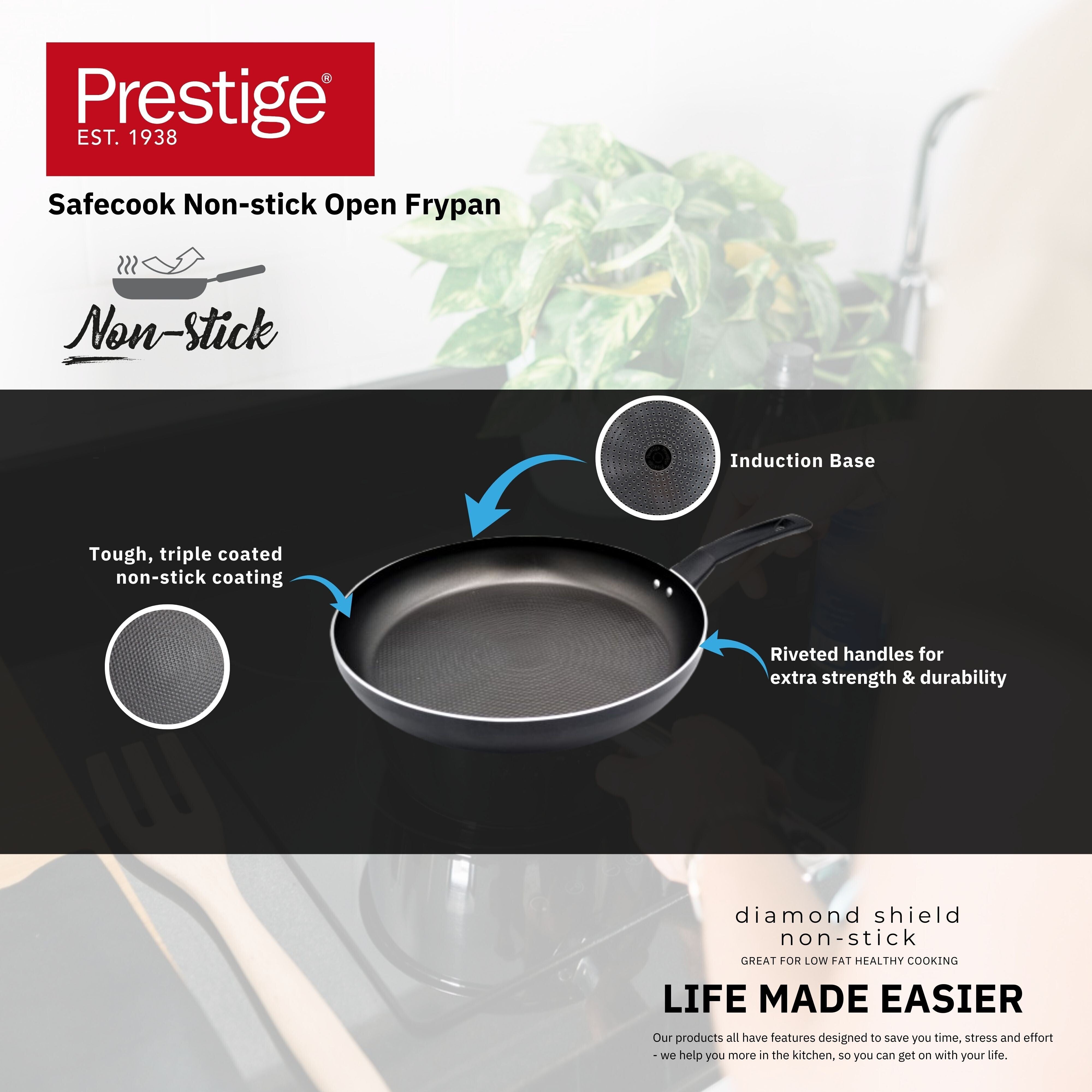 Prestige Safecook Non-stick 30cm Open Frypan | Induction Compatible Frying Pan Non-Stick | Diamond shield triple coated Pan - PR22093 - Black