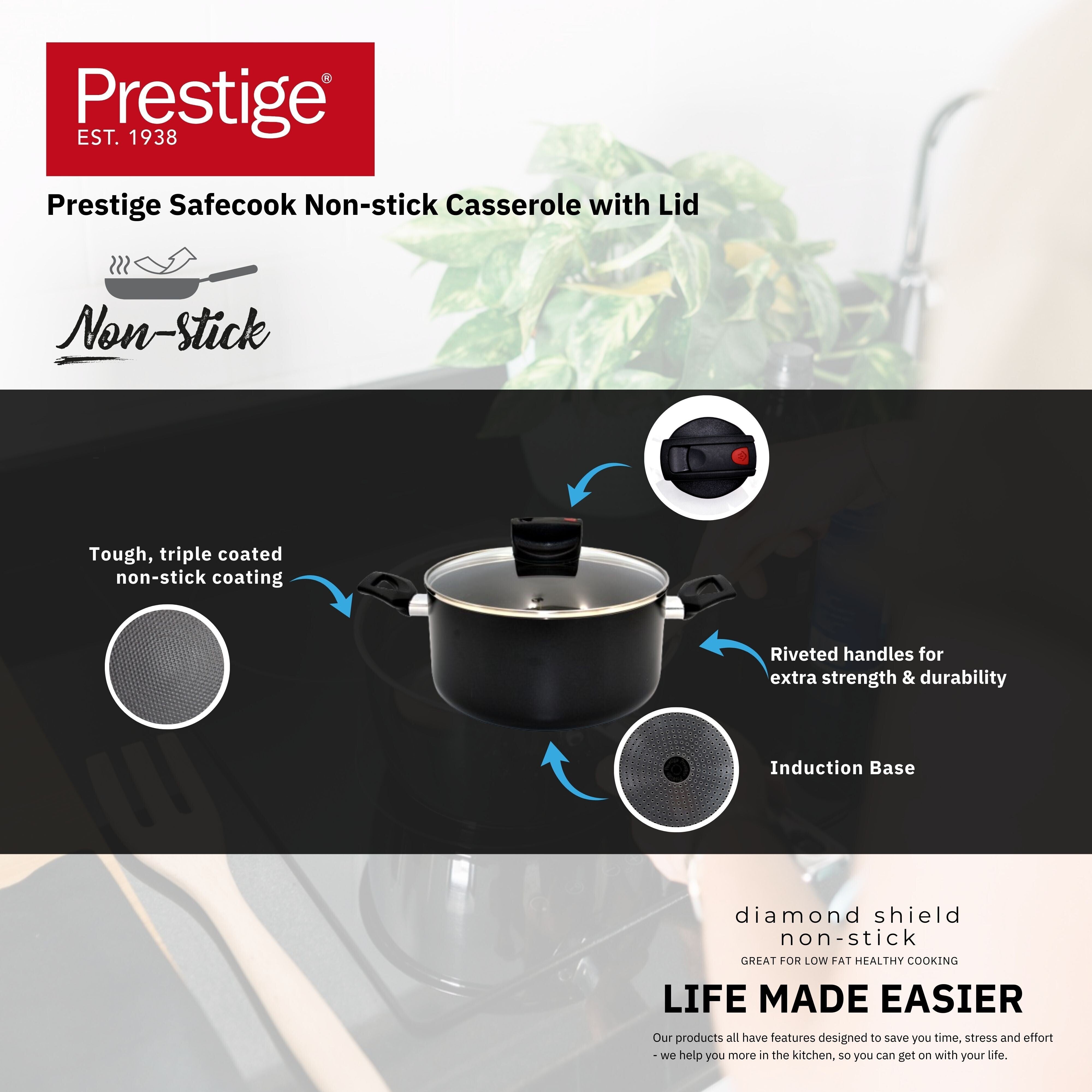 Prestige Safecook Nonstick Casserole 30 cm | Aluminum Cooking Pot with Glass Lid | Induction Compatible Cookware | PR22104 - Black