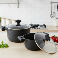 Prestige Essentials Pots and Pans Set | Granite 6 Piece Non-Stick Cast Aluminium Cookware set | Induction Base | Non Stick Cooking Set | Black PR80970