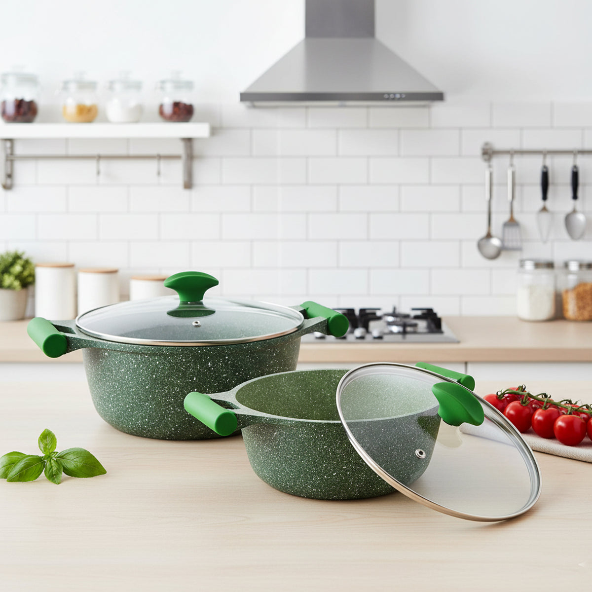 Prestige Essentials Pots and Pans Set | Granite 6 Piece Non-Stick Cast Aluminium Cookware set | Induction Base | Non Stick Cooking Set Combo | Green PR80968