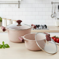 Prestige Essentials Pots and Pans Set | Granite 6 Piece Non-Stick Cast Aluminium Cookware set | Induction Base | Non Stick Cooking Set | Pink PR80969