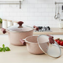 Prestige Essentials Granite 7 Piece Non-Stick Cast Aluminium Cookware Sets | Induction Compatible Pots and Pans Set | Pink - PR80961