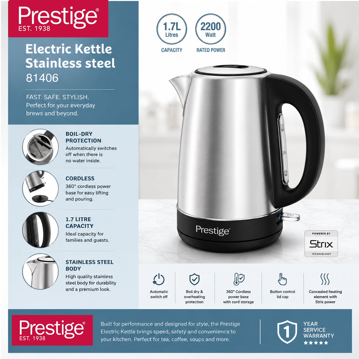 Prestige 1.7L Stainless Steel Electric Kettle With 2200W Power And Strix Technology | PR81406