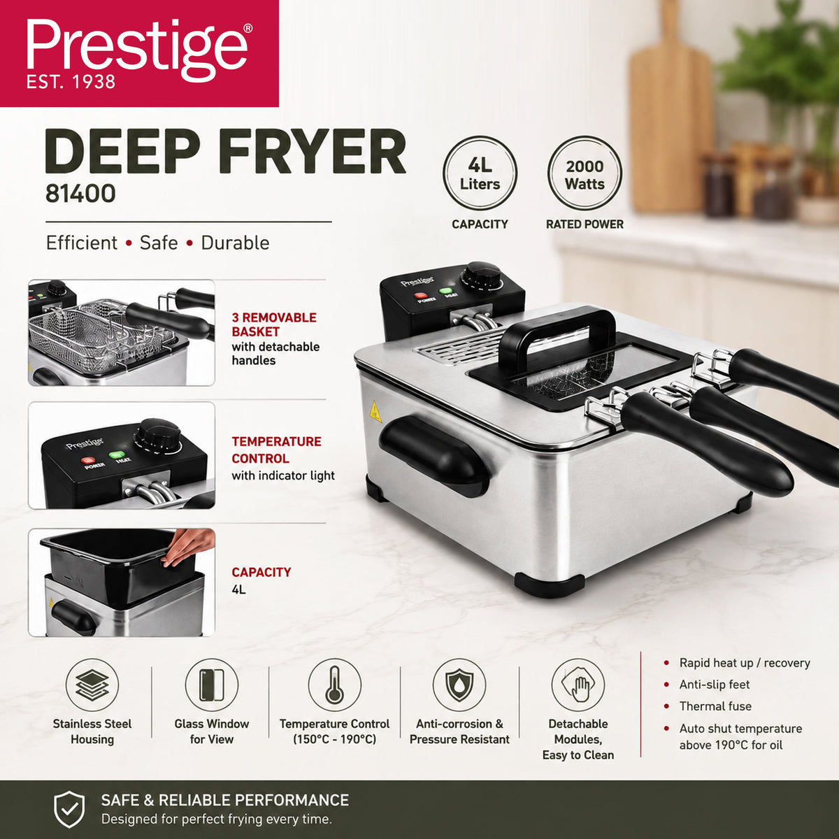 Prestige Stainless Steel Deep Fryer 4L 2000W with 3 Baskets and Viewing Window | PR81400