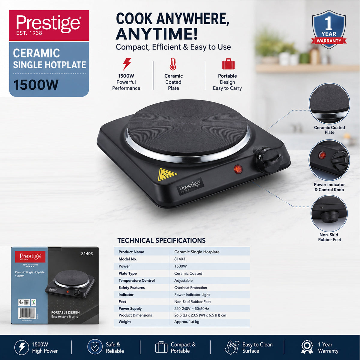 Prestige Ceramic Single Hotplate Rust Proof Body With 185 Mm Heating Zone | 1500W -  PR81403
