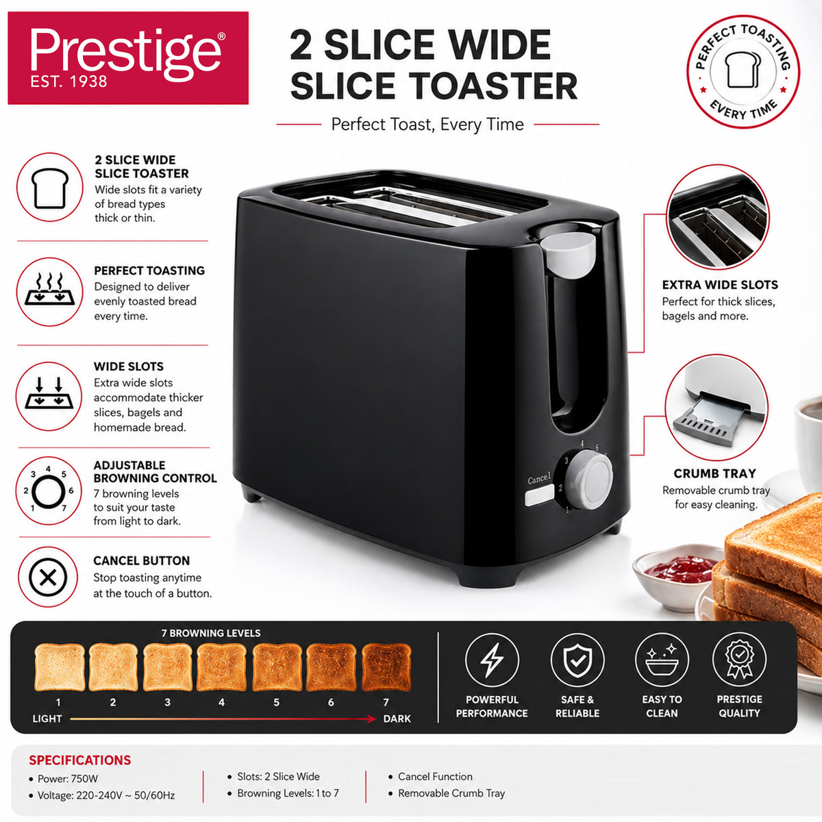 Prestige 2 Slice Toaster - 700W - Black Color | PR81534
