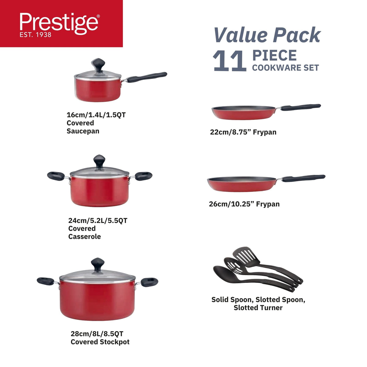 Prestige Classique 11 Piece Nonstick Cookware Set With Glass Lid | Aluminium Cooking Pots and Pans Set | Red - PR21915