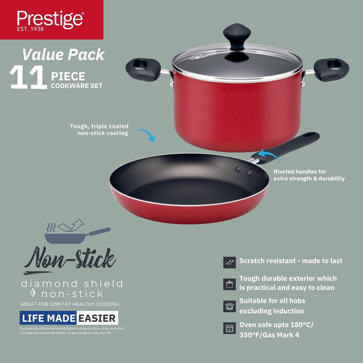 Prestige Classique 11 Piece Nonstick Cookware Set With Glass Lid | Aluminium Cooking Pots and Pans Set | Red - PR21915