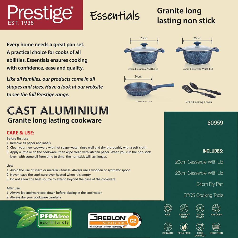 Prestige Essentials Granite 7 Piece Non-Stick Cast Aluminium Cookware Sets | Induction Compatible Pots and Pans Set | Dark Blue - PR80959