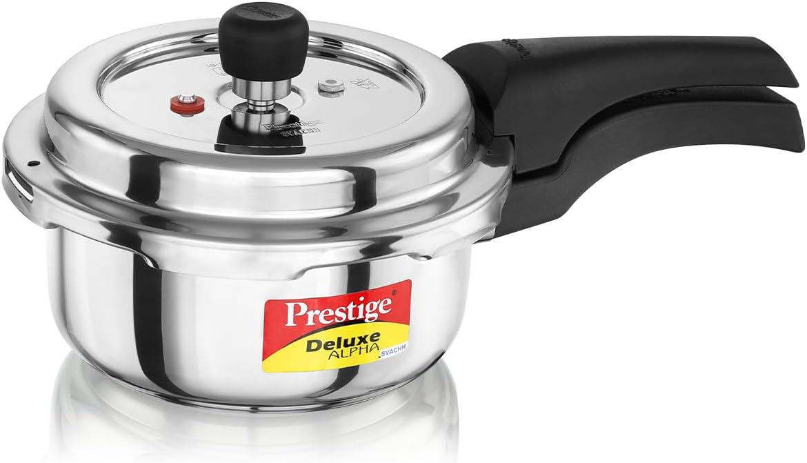 Prestige 2 Litre Stainless Steel Deluxe Alpha Svachh Outer Lid Pressure Cooker | Deep Lid for Spillage Control | TRIPLY Base | Gasket Release System | MPD20247
