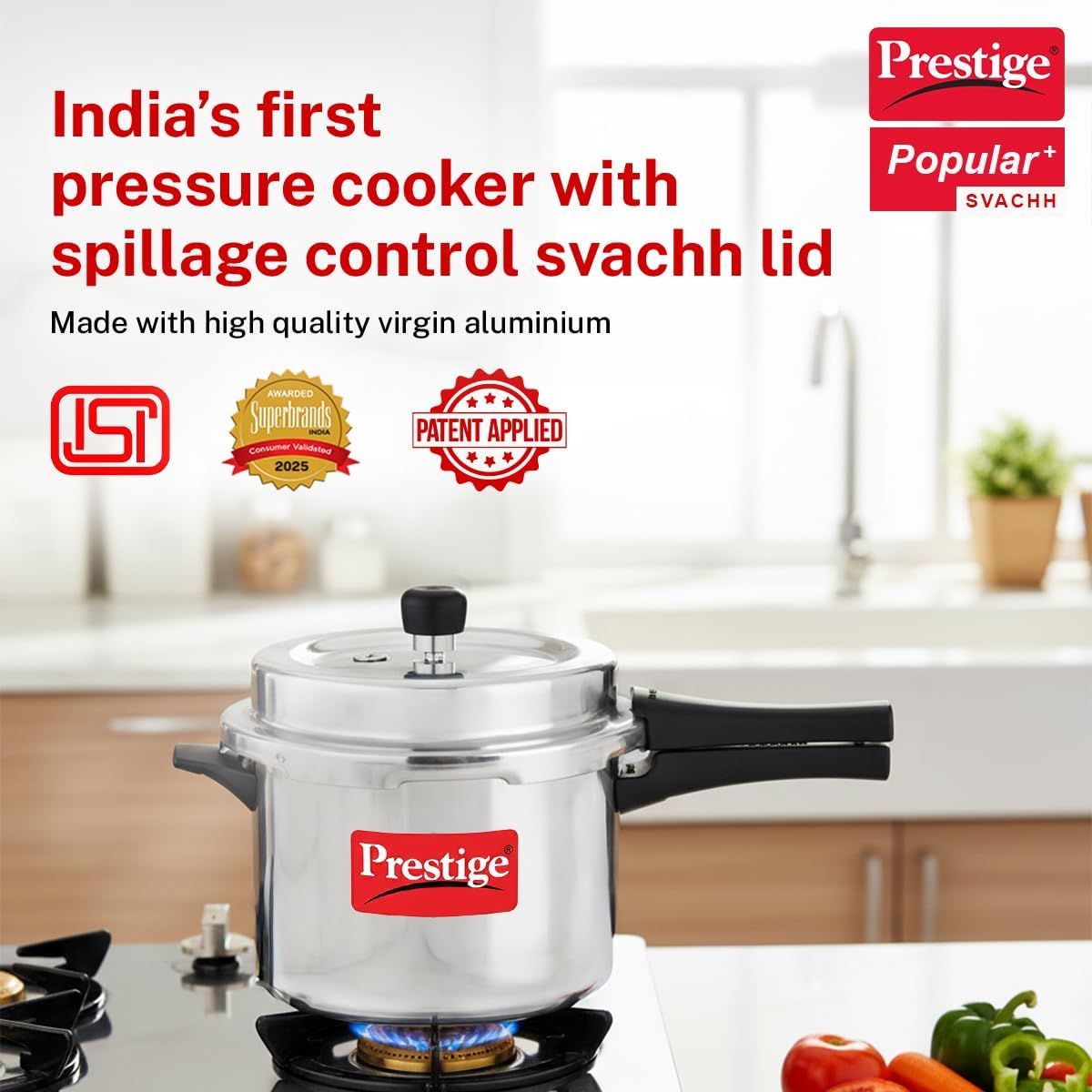 Prestige Popular Plus Svachh Virgin Aluminium Spillage Control Outer Lid Pressure Cooker, (Silver), 5 Liter | MPP10173