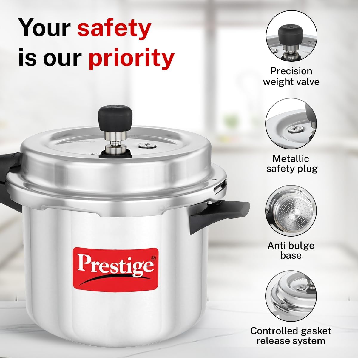 Prestige Popular Plus Svachh Virgin Aluminium Spillage Control Outer Lid Pressure Cooker, (Silver), 5 Liter | MPP10173