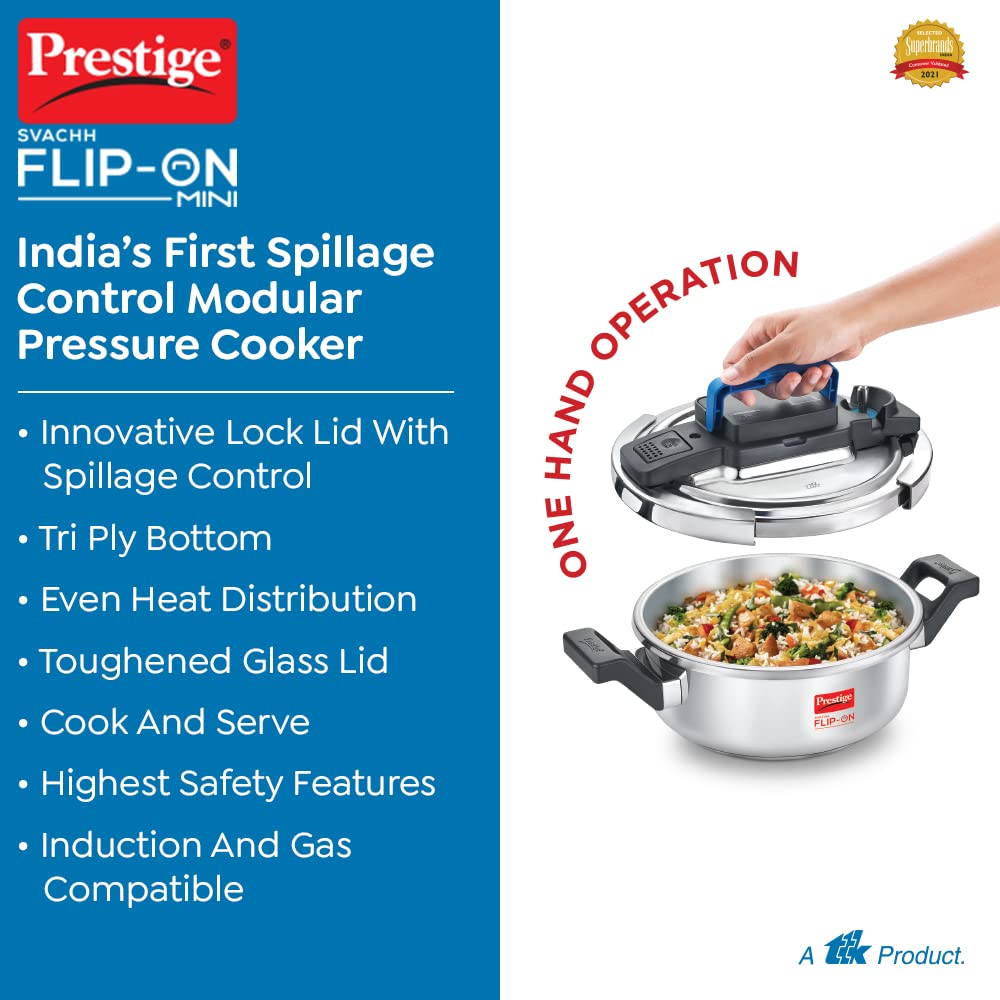 Prestige Svachh FLIP-ON Mini SS Pressure Cooker 18 cm-2 L with Glass Lid | MPF20164