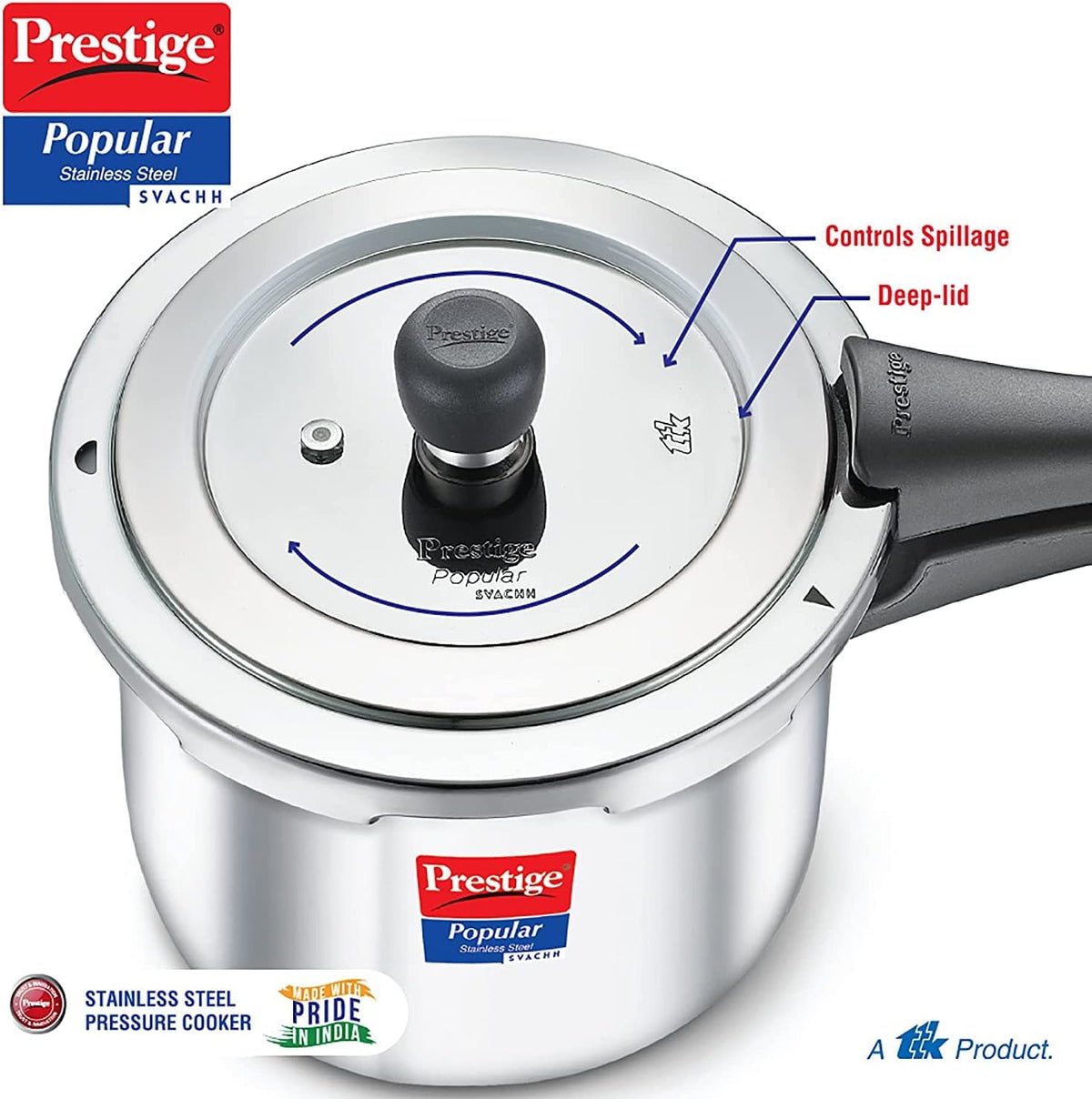 Prestige 2 Litre Stainless Steel Popular Svachh Outerlid Pressure Cooker | Deep lid for spillage control |Gas & Induction Compatible|Controlled Gasket Release System