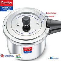 Prestige 1.5 Litre Stainless Steel Popular Svachh Outerlid Pressure Cooker | Deep lid for spillage control|Gas & Induction Compatible|Controlled Gasket Release System