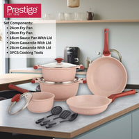 Prestige Essentials Nonstick Pots and Pans Set | Induction Cookware Set 11 Pieces | Non Stick Set Combo | Granite Cooking Set | Fry Pan Non Stick Combo Set | Pink - PR80987