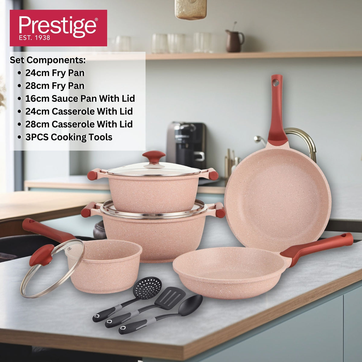 Prestige Essentials Nonstick Pots and Pans Set | Induction Cookware Set 11 Pieces | Non Stick Set Combo | Granite Cooking Set | Fry Pan Non Stick Combo Set | Pink - PR80987