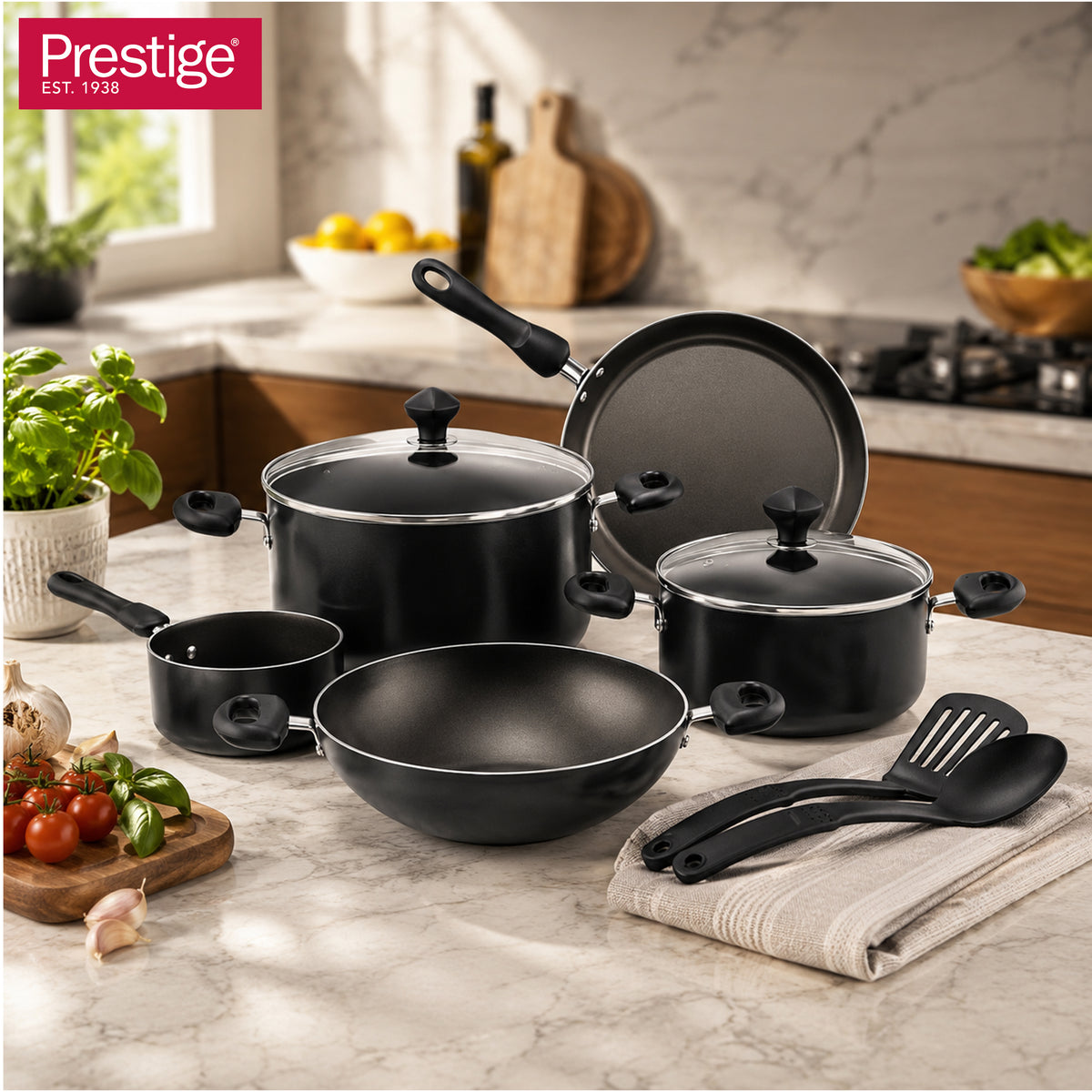 Prestige 9pcs Cookware Value Pack Sets | Non-Stick Pots and Pans set | Non-Stick Kitchen Cooking Set with Frying Pans, Saucepan | PR22480