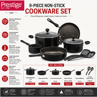 Prestige 9 Pcs Value Pack Cookware Set | Non-stick Pots and Pans Set | Cooking Set with Frying Pans, Saucepans, Saute Pan - PR22482