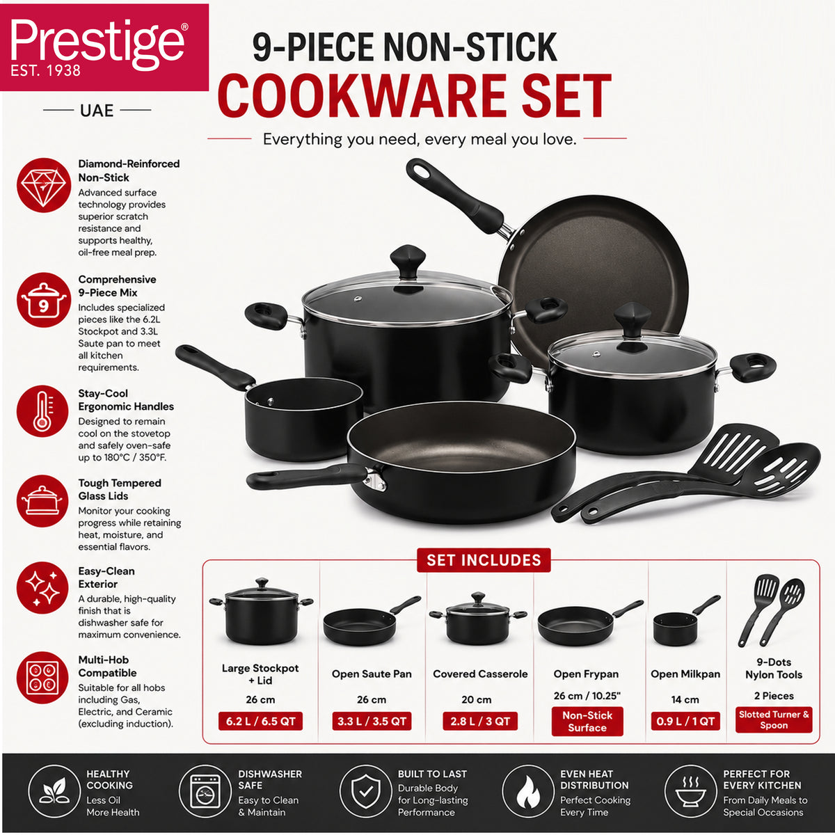 Prestige 9 Pcs Value Pack Cookware Set | Non-stick Pots and Pans Set | Cooking Set with Frying Pans, Saucepans, Saute Pan - PR22482