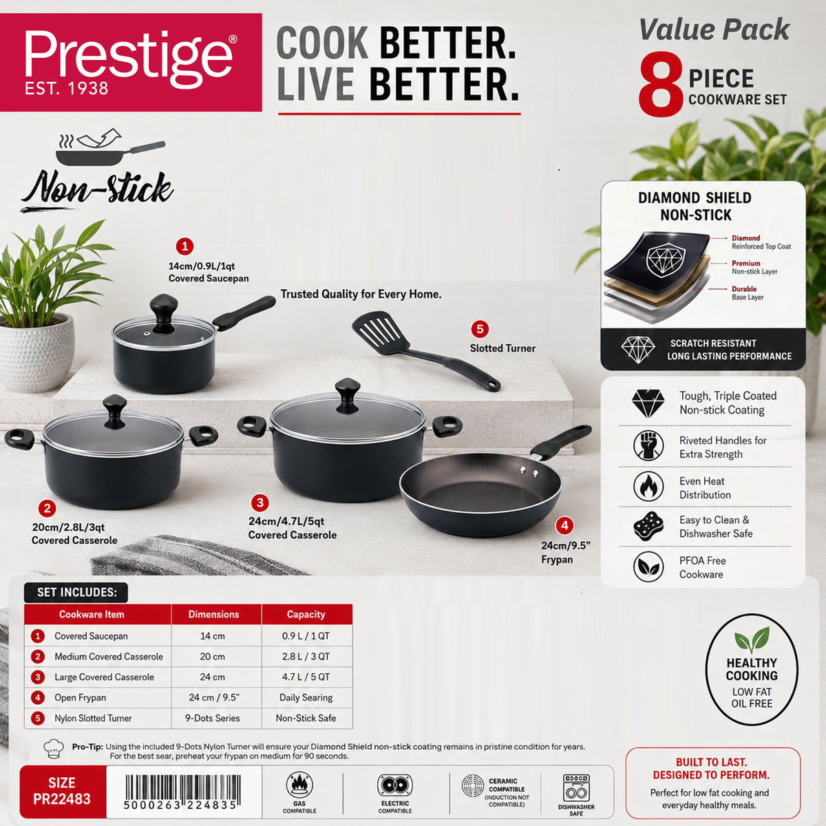 Prestige 8 Pcs Value Pack Cookware Set | Non-stick Pots and Pans Set | Cooking Set with Frying Pans, Saucepans, Saute Pan - PR22483