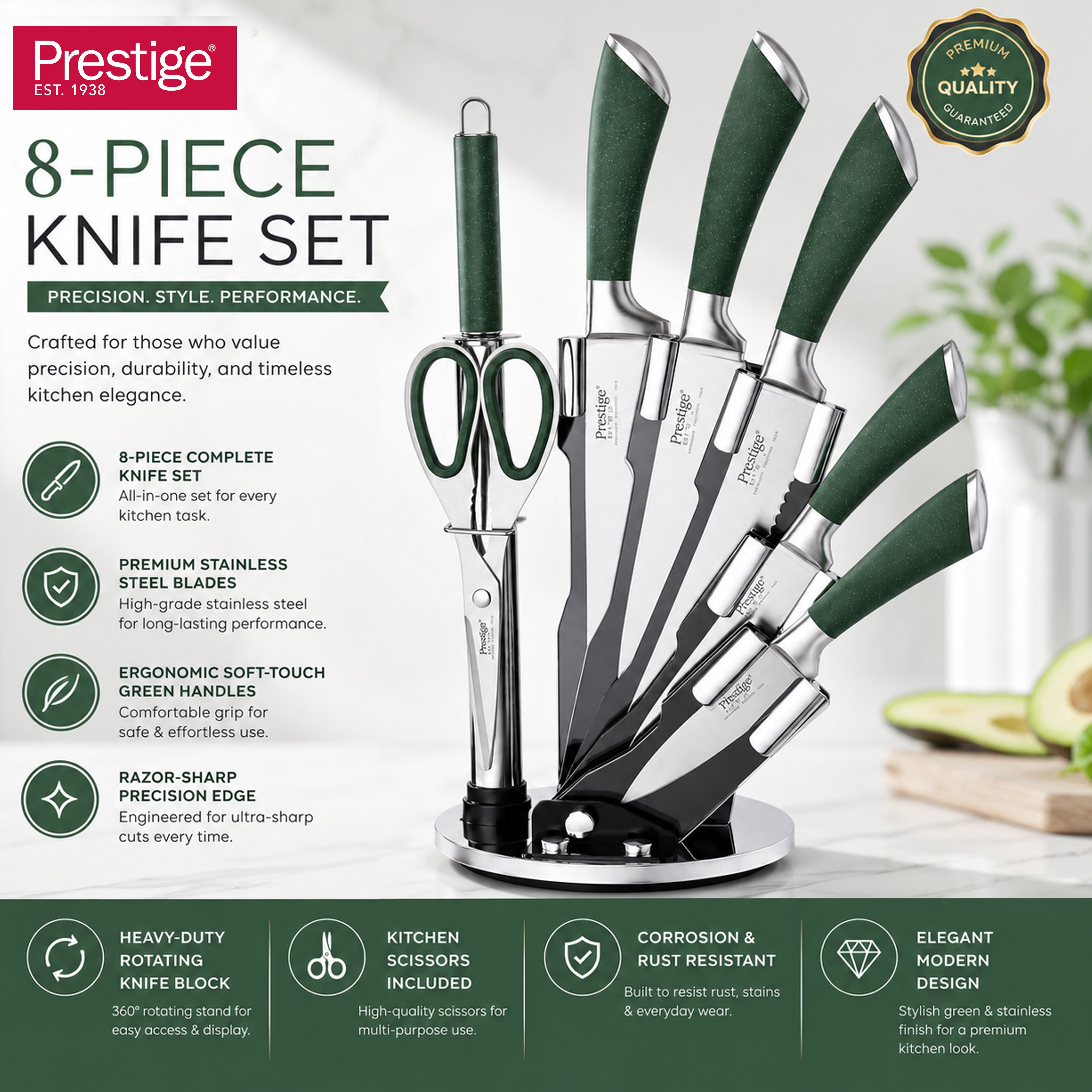 Prestige Kitchen Knife Set with Acrylic Knife Stand | Premium Kitchen Set with Clear Storage Block | Laser-cut Rust-free Stainless Steel Blade | PR50910 - Green