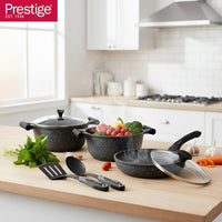 Prestige Essentials Granite 7 Piece Non-Stick Cast Aluminium Cookware Sets | Induction Compatible Pots and Pans Set | Black - PR80962
