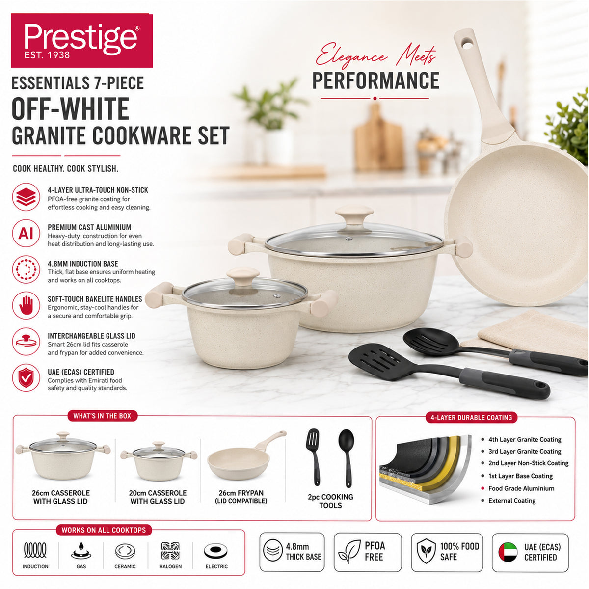 Prestige Essentials 7-Piece Off-White Granite Set | Non-Stick Pots and Pans Set | Induction Compatible Cooking Set | PR80971