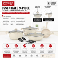 Prestige Essentials 9-Piece Off-White Granite Cookware Set | Non-Stick Pots and Pans Set | Induction Compatible Cooking Set | PR80975