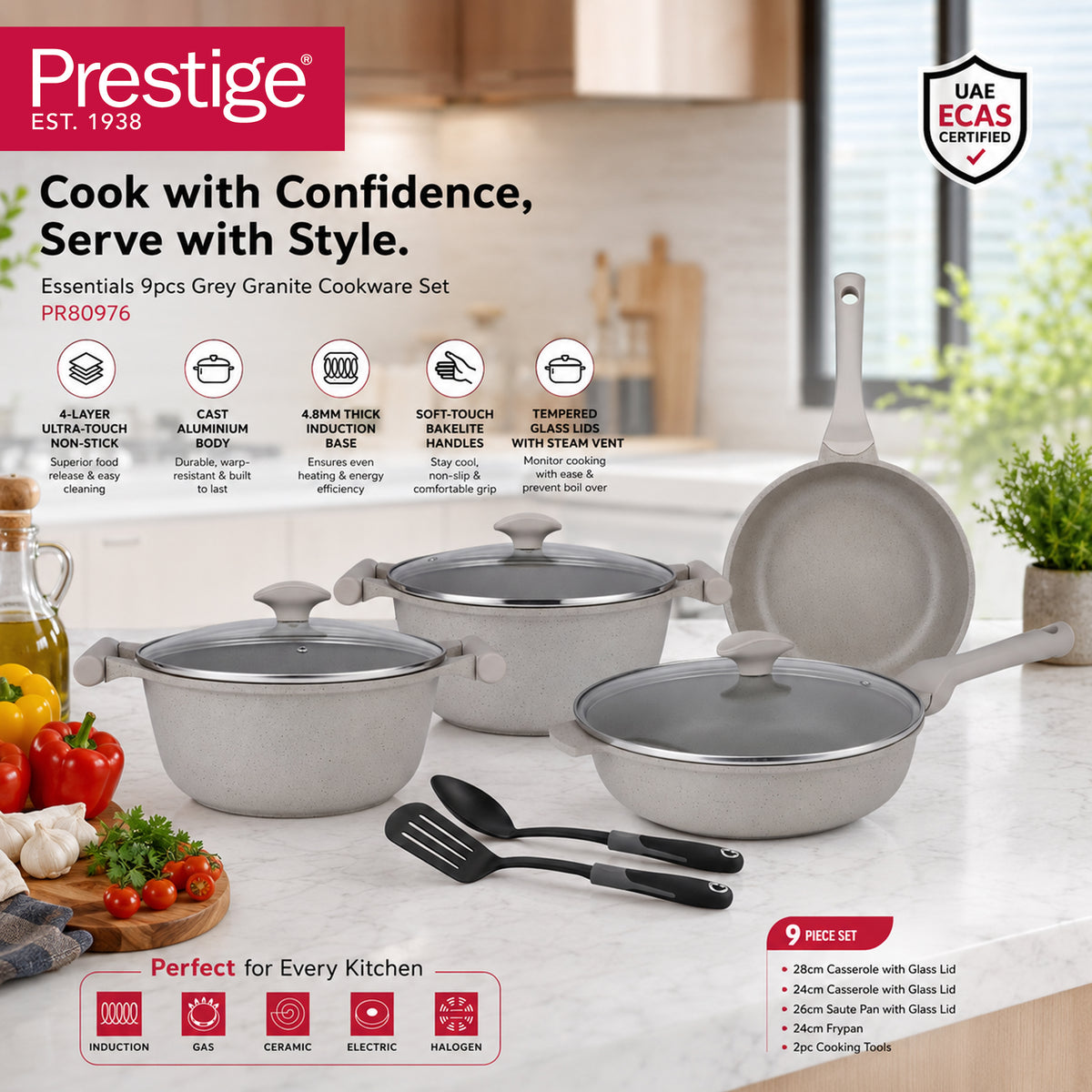 Prestige Essentials 9-Piece Grey Granite Cookware Set  | Non-Stick Pots and Pans Set | Induction Compatible Cooking Set |  PR80976