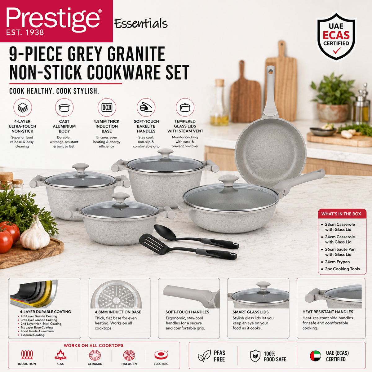 Prestige Essentials 9-Piece Grey Granite Cookware Set  | Non-Stick Pots and Pans Set | Induction Compatible Cooking Set |  PR80976