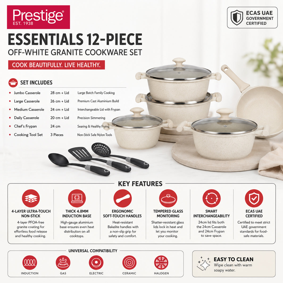 Prestige Essentials 12-Piece Off-White Granite Cookware Set | Non-Stick Pots and Pans Set | Induction Compatible Cooking Set | PR80977