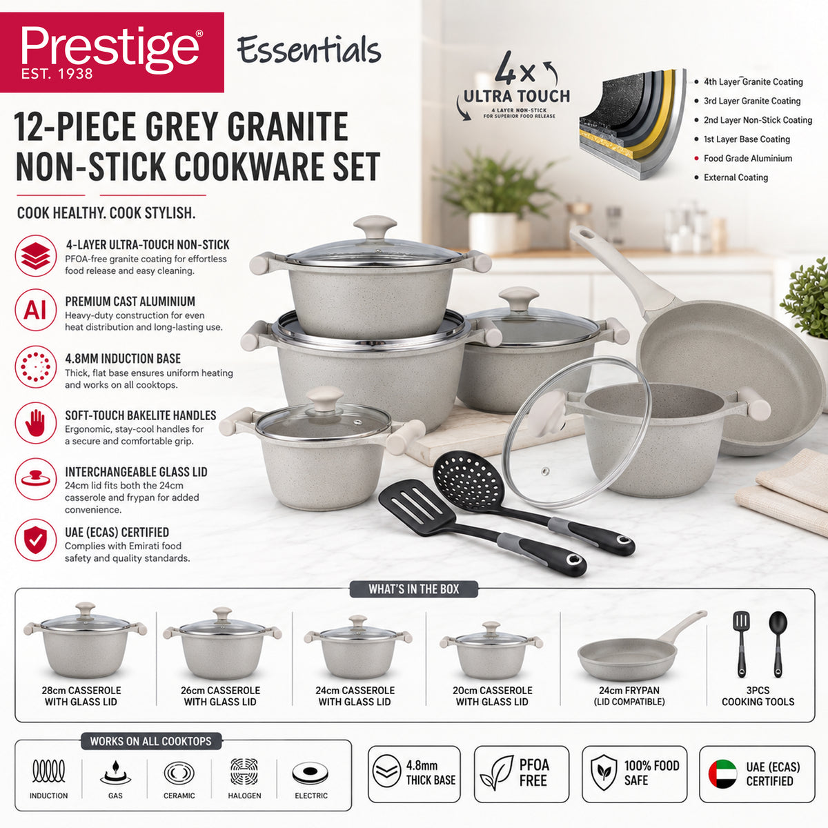 Prestige Essentials 12-Piece Grey Granite Cookware Set | Non-Stick Pots and Pans Set | Induction Compatible Cooking Set | PR80978