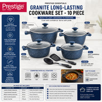 Prestige Essential 10 pcs Cookware Sets | Granite Coated Pots and Pans Set | Non-Stick Induction Compatible Cookware | Dark Blue - PR80999
