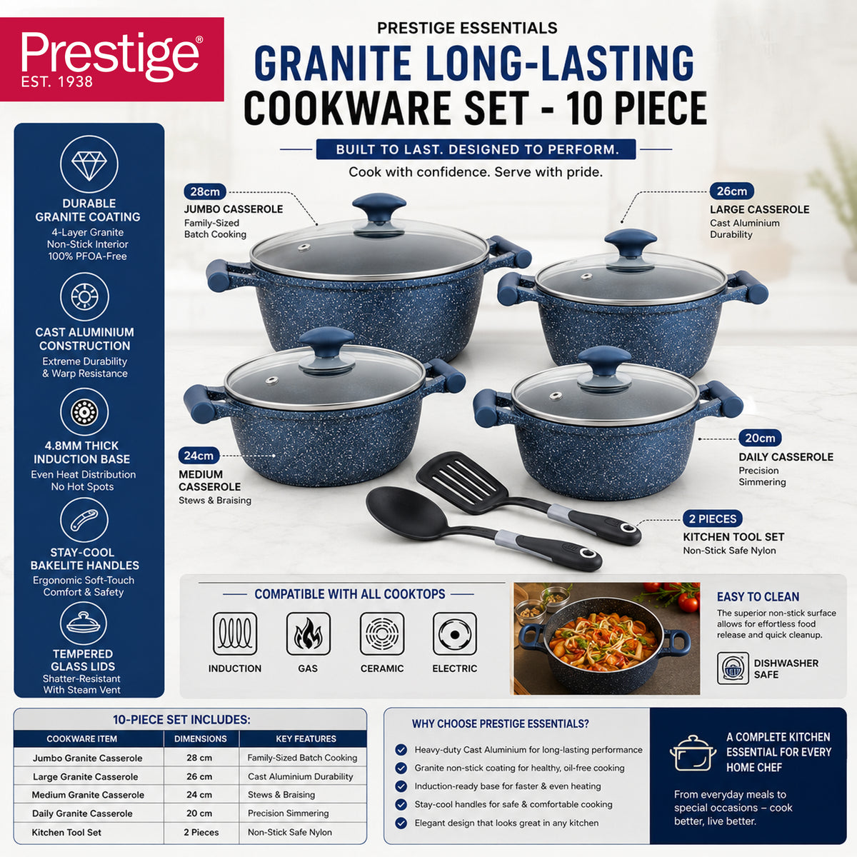 Prestige Essential 10 pcs Cookware Sets | Granite Coated Pots and Pans Set | Non-Stick Induction Compatible Cookware | Dark Blue - PR80999