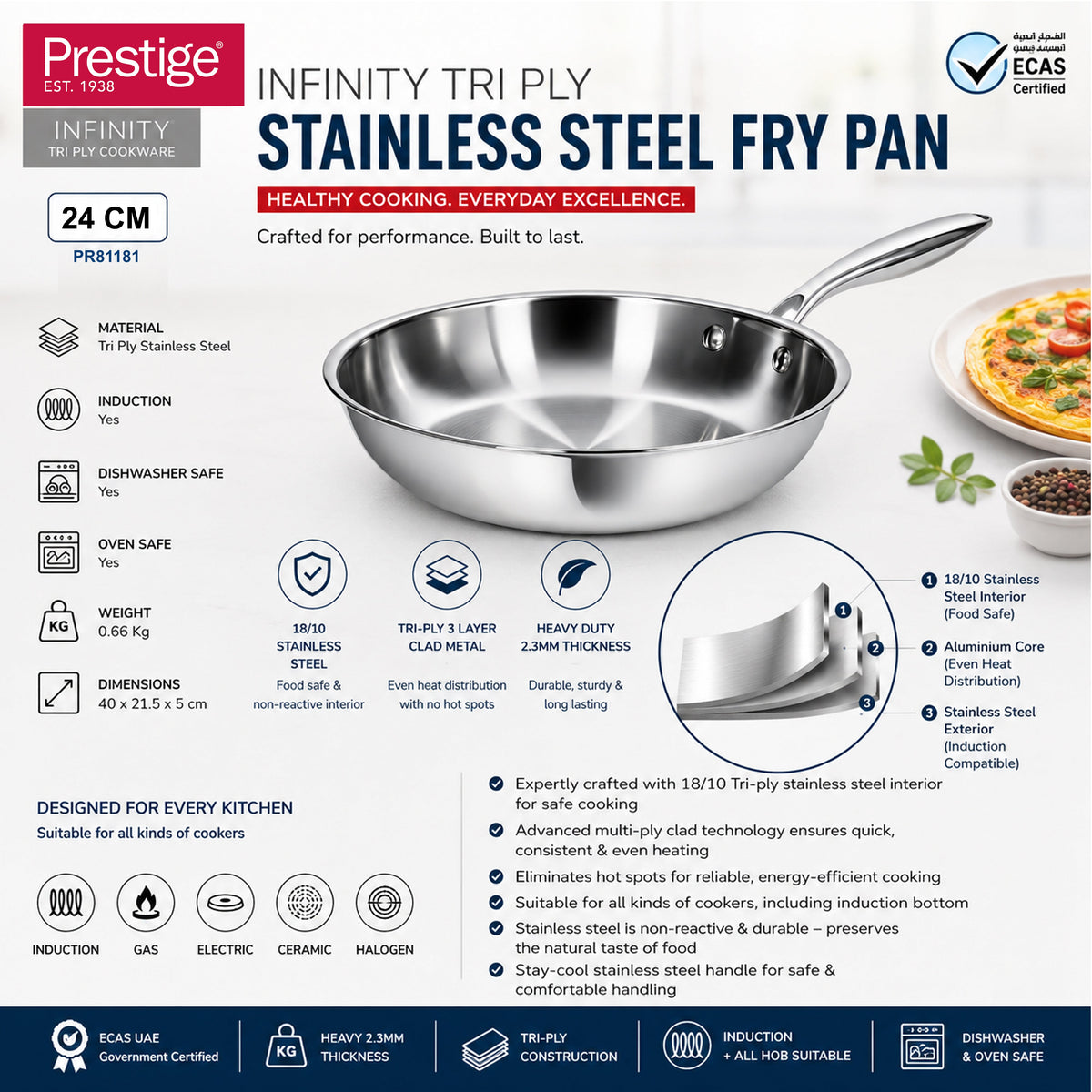 Prestige Infinity Tri Ply Stainless Steel 24cm Fry Pan | Induction + all hob suitable | PR81181