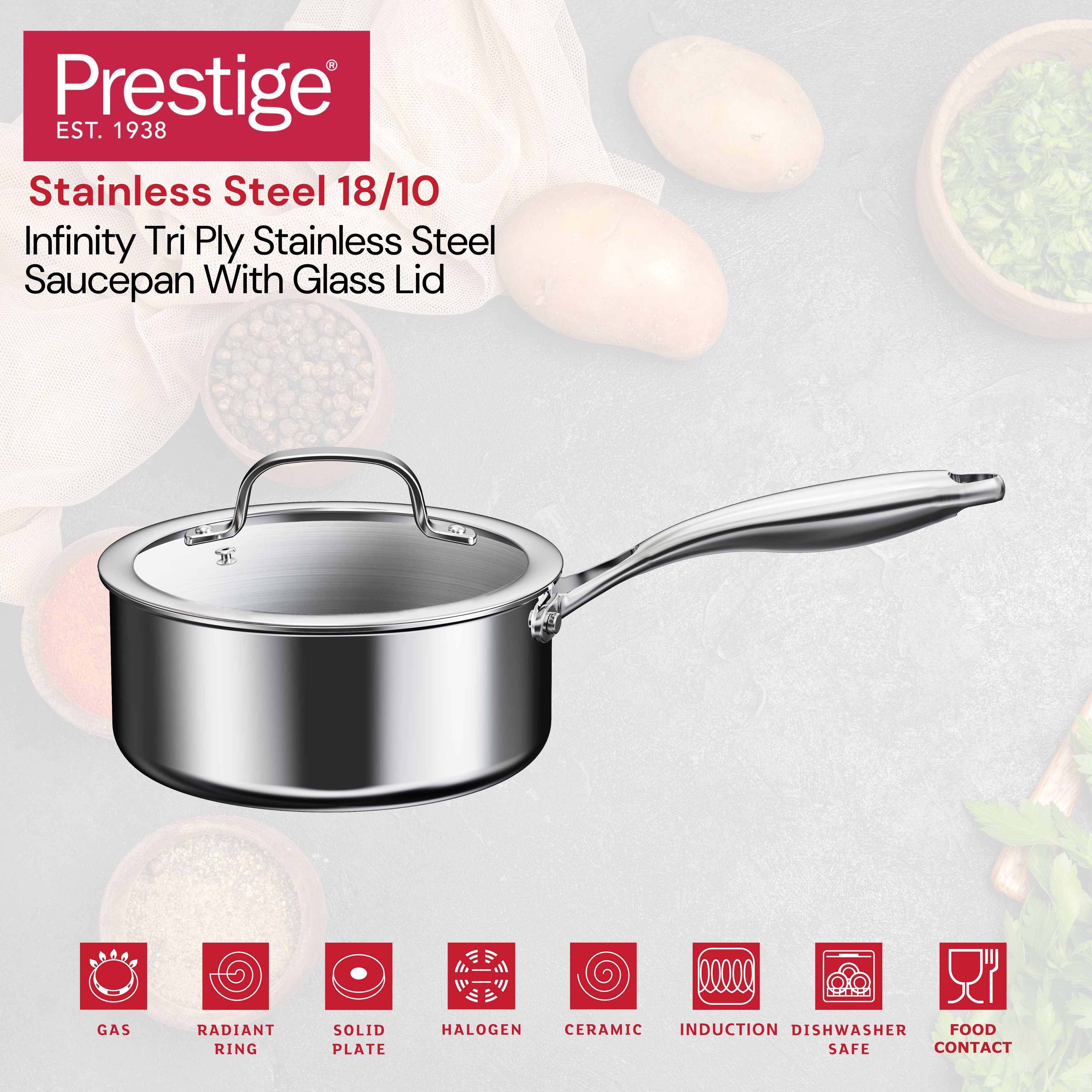 Prestige Infinity Tri Ply Stainless Steel 18cm Saucepan With Lid | Induction + all hob suitable | PR81187