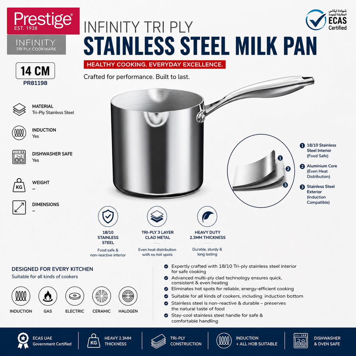 Prestige Infinity Tri Ply Stainless Steel 14cm Milk Pan | Induction + all hob suitable | PFOA Free | PR81198