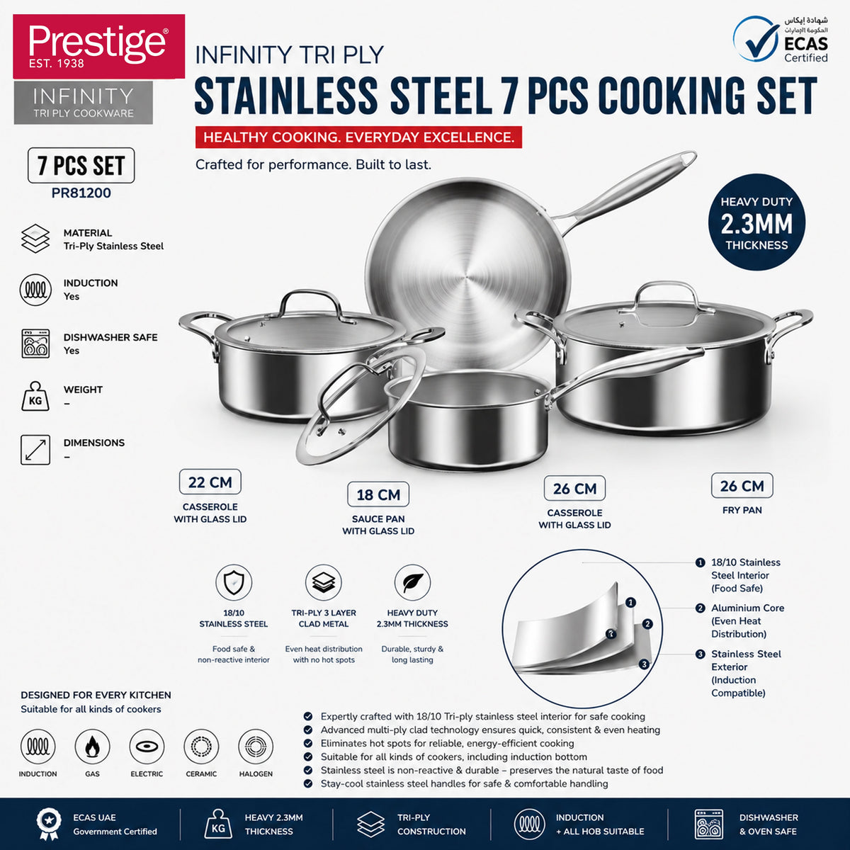 Prestige Tri Ply Stainless Steel 7 Pcs Cookware Set | Induction + all hob suitable | Pots and Pans Set | PR81200