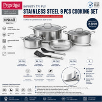 Prestige Tri Ply Stainless Steel 9 Pcs Cooking Set | Induction + all hob suitable | Pots and Pans Set | PR81201