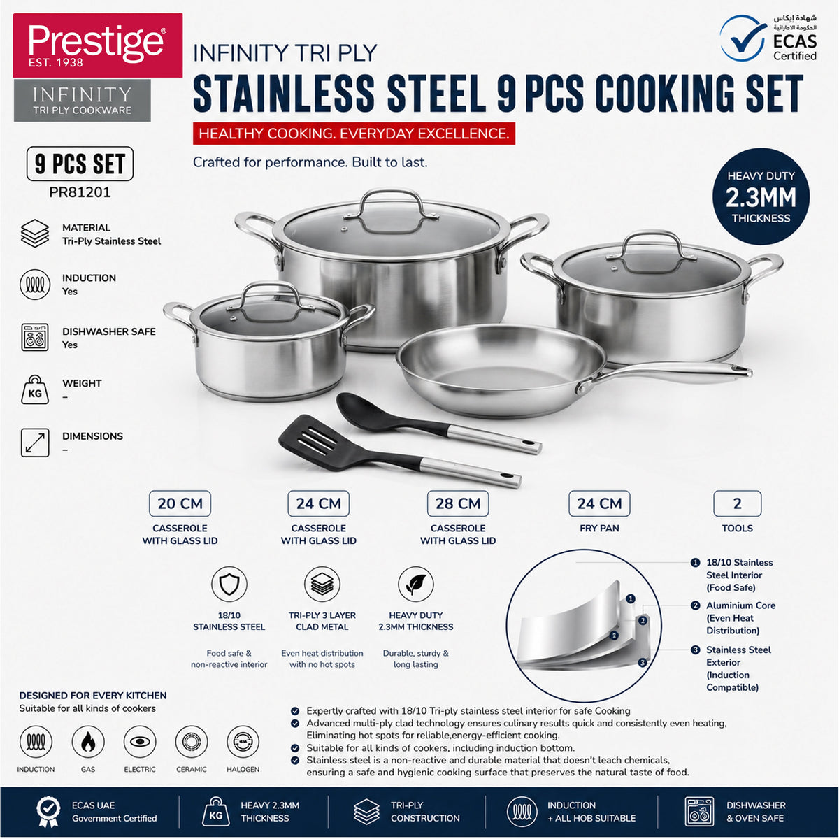 Prestige Tri Ply Stainless Steel 9 Pcs Cooking Set | Induction + all hob suitable | Pots and Pans Set | PR81201